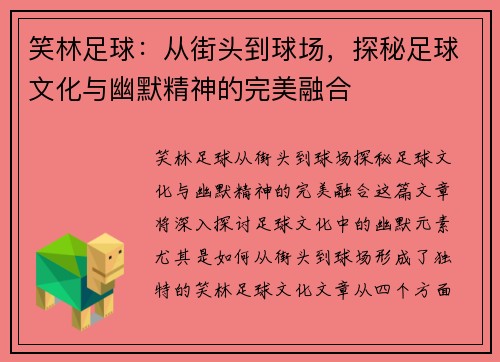 笑林足球：从街头到球场，探秘足球文化与幽默精神的完美融合