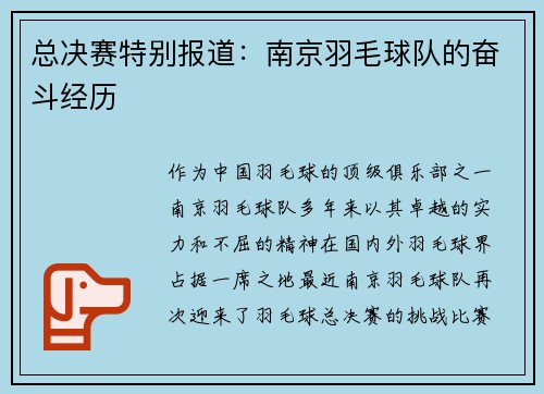 总决赛特别报道：南京羽毛球队的奋斗经历