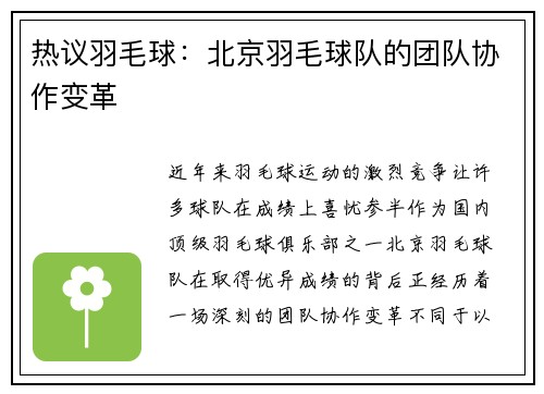 热议羽毛球：北京羽毛球队的团队协作变革