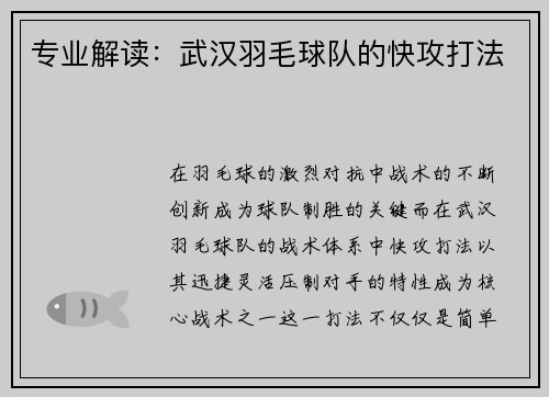 专业解读：武汉羽毛球队的快攻打法