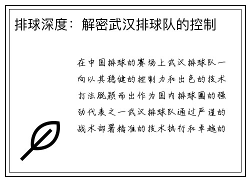 排球深度：解密武汉排球队的控制