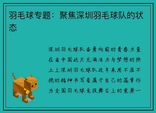 羽毛球专题：聚焦深圳羽毛球队的状态