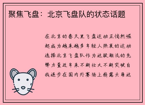聚焦飞盘：北京飞盘队的状态话题